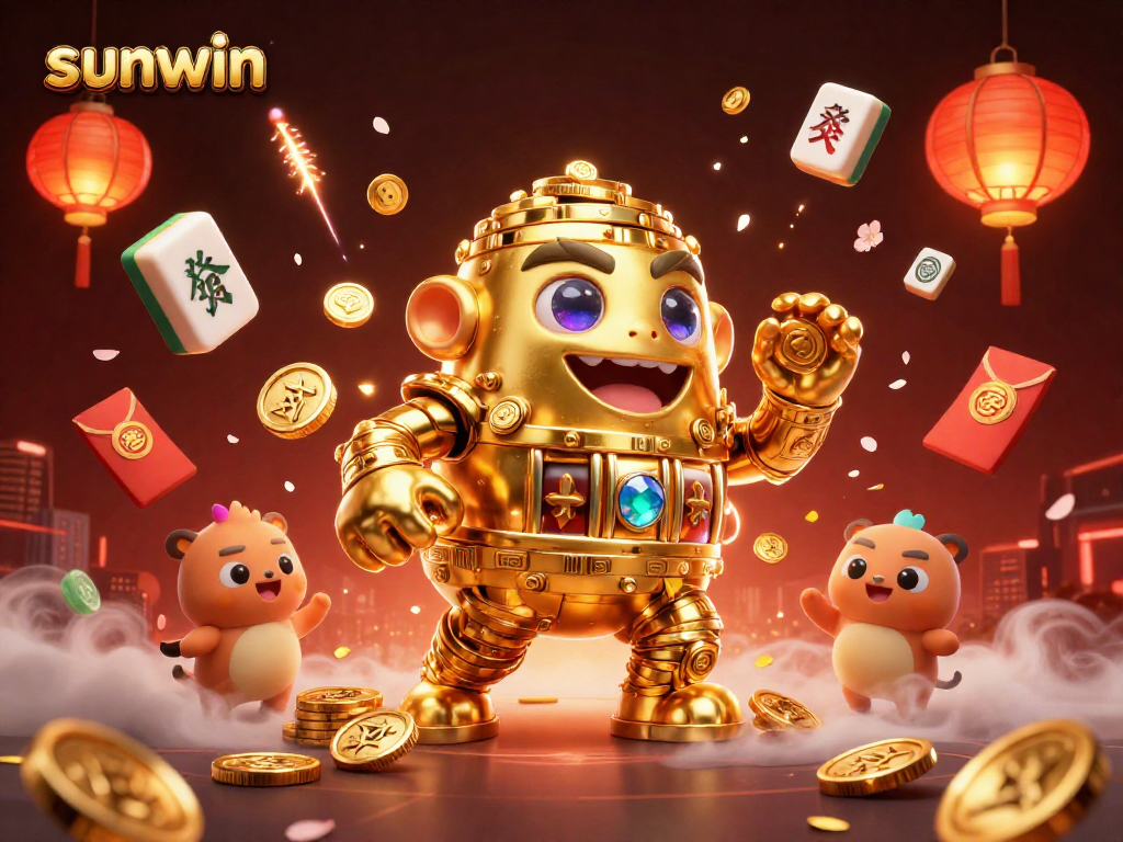 Experience thrilling gameplay with sunwin's golden golem and festive casino elements in a vibrant scene.