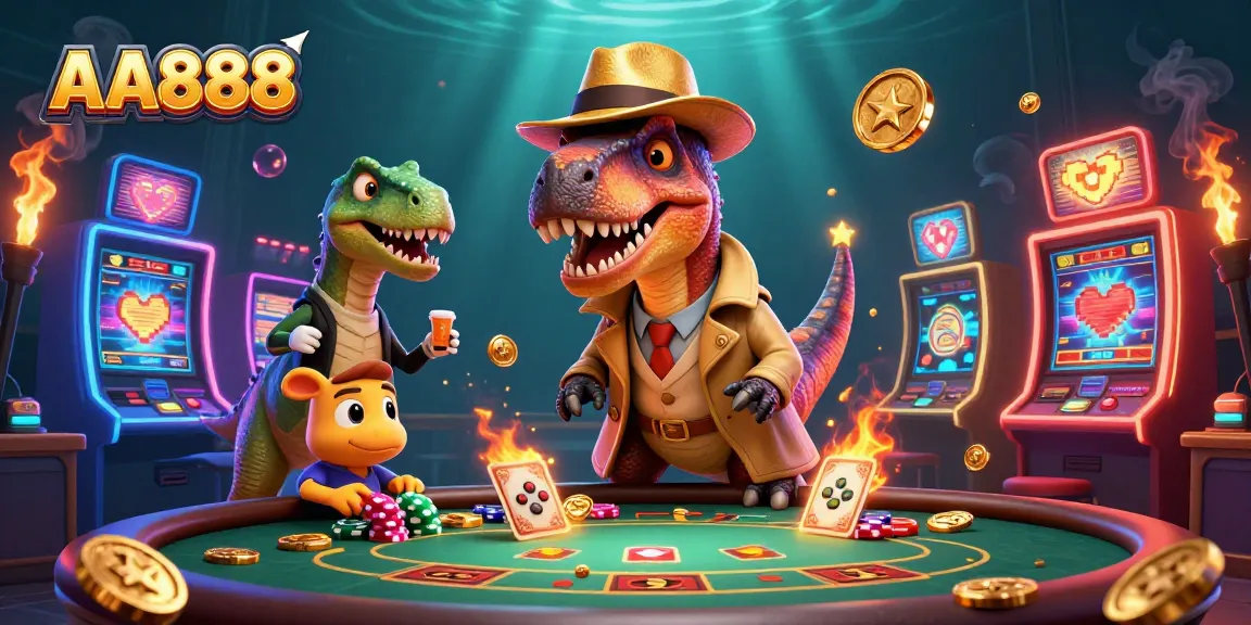 Experience thrilling gameplay at AA888 with a velociraptor card counter and stegosaurus pit boss in this vibrant casino scene.