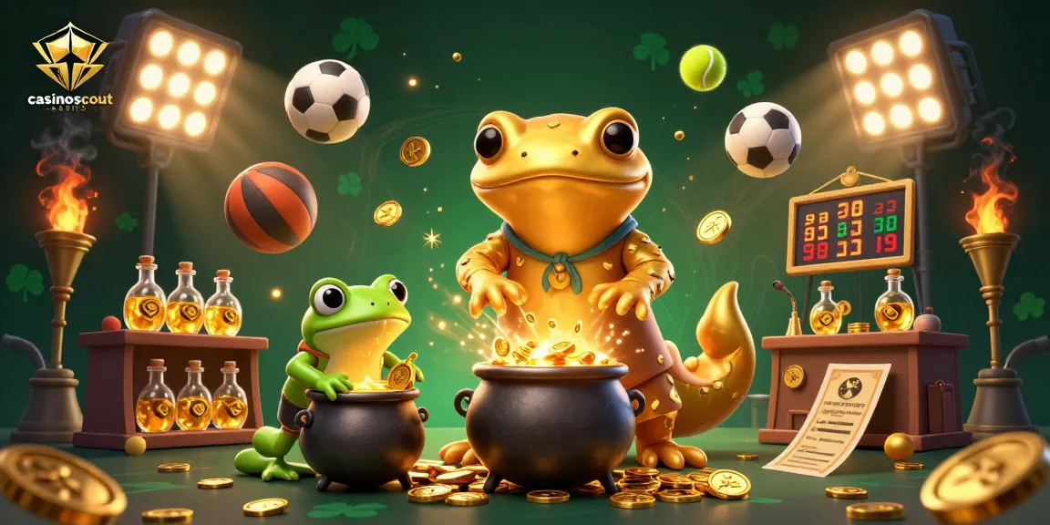Experience the thrill at casinoscout casino with gold coins and dynamic sports elements in a vibrant scene.