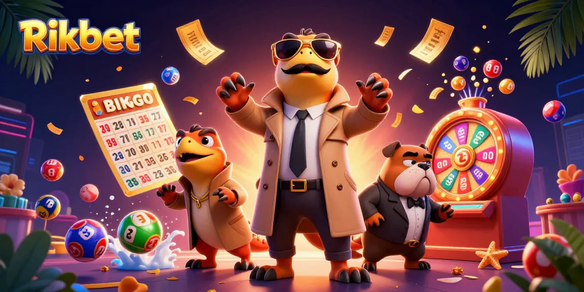 Rikbet raptors enter VIP casino scene, showcasing colorful lottery balls, and a dynamic prize wheel.