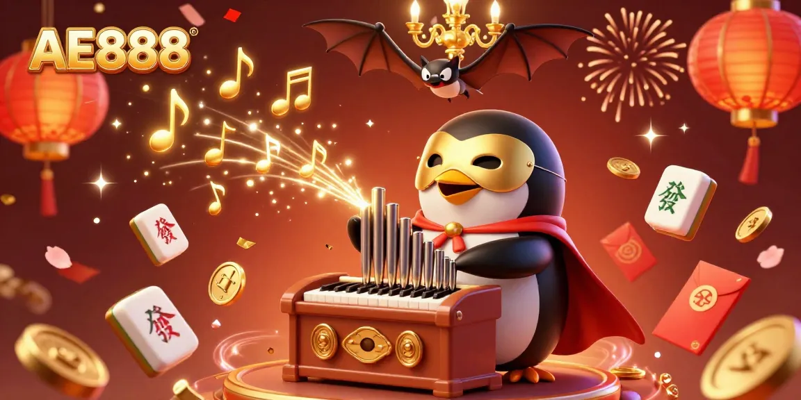 Join the excitement at AE888 as the charming penguin fills the air with gold coins in a vibrant casino scene.