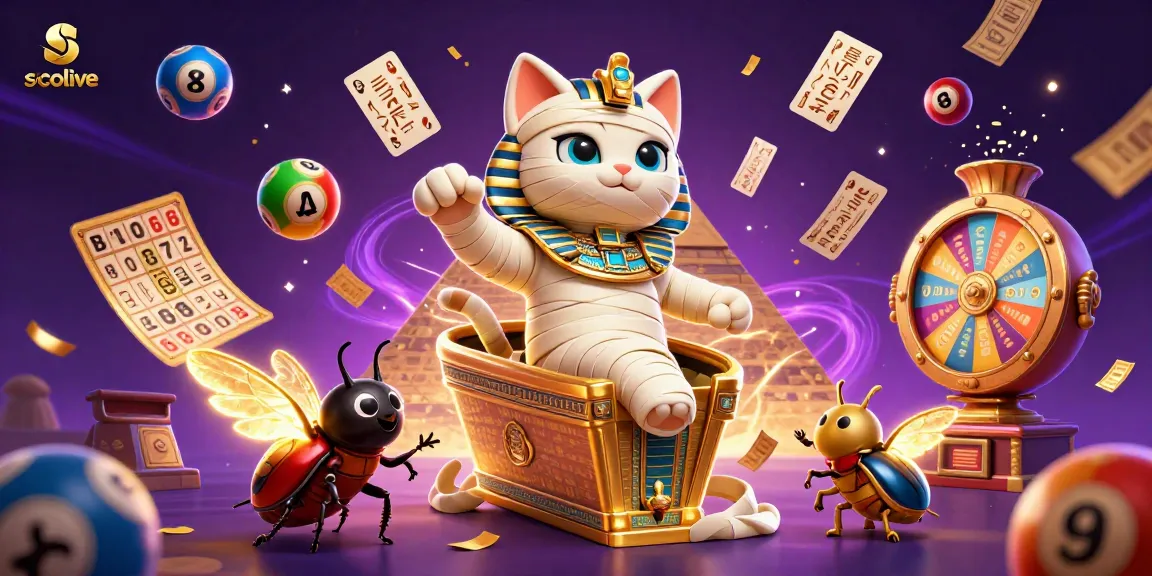 Socolive showcases vibrant lottery action with an Egyptian mummy cat and scarab in a bustling casino scene.