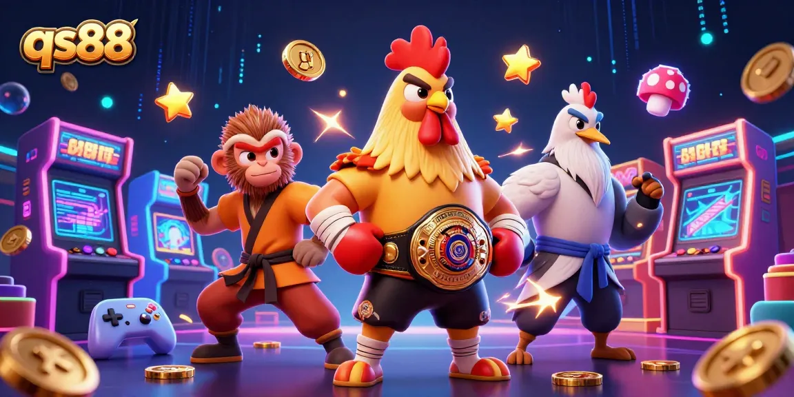 Engage in thrilling gameplay at qs88 with a dynamic scene of casino characters and vibrant gaming elements.