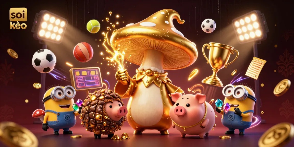 Soi kèo sports betting illustration depicting golden mushroom wizard, treasure-sniffing pig, and gemstone minions amidst dynamic sports elements.