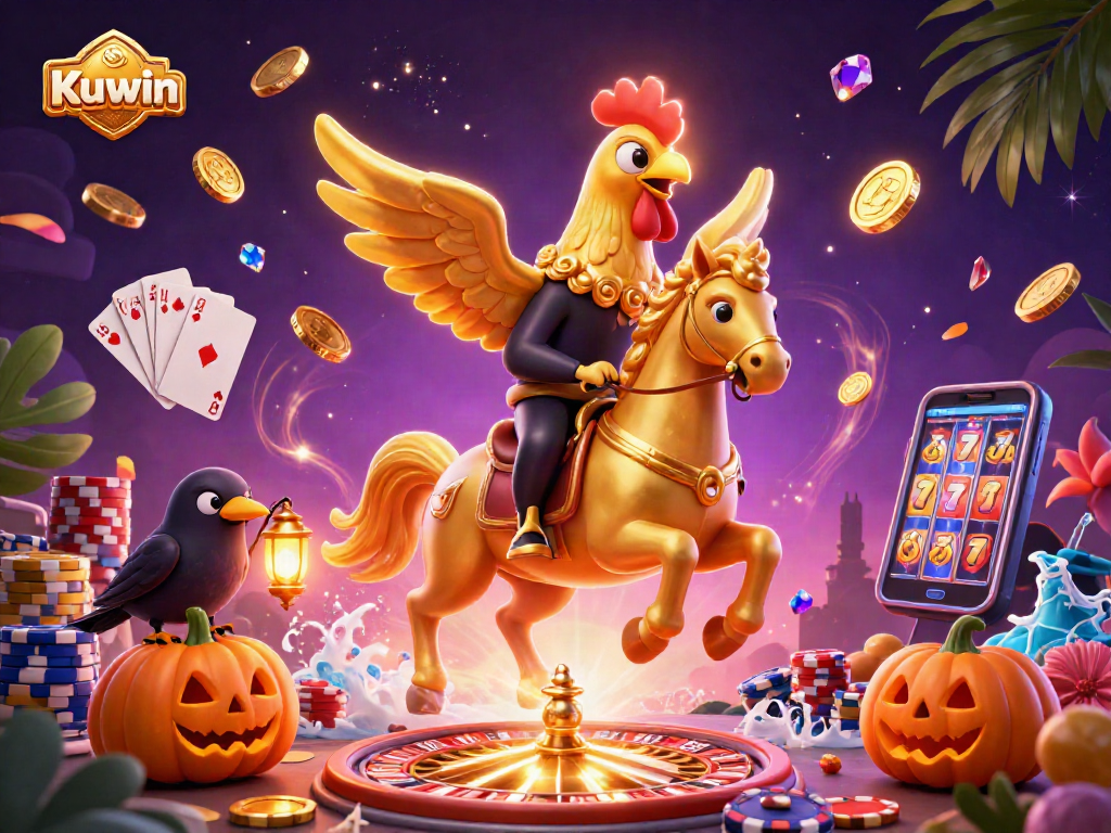 Kuwin captures thrilling winning moments at a midnight casino with golden rooster and crow companions.