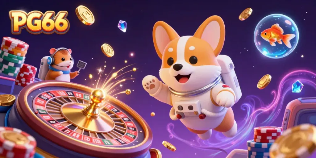 Experience thrill with PG66 as the cute 3D astronaut corgi floats in a vibrant casino scene.