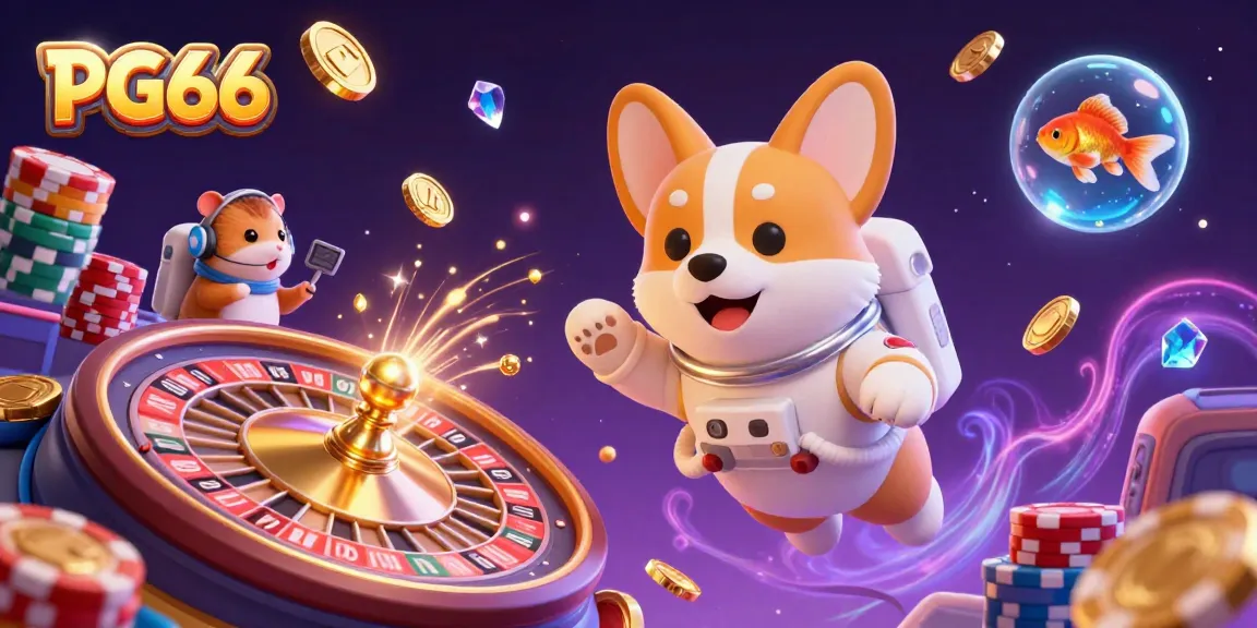 Experience thrill with PG66 as the cute 3D astronaut corgi floats in a vibrant casino scene.