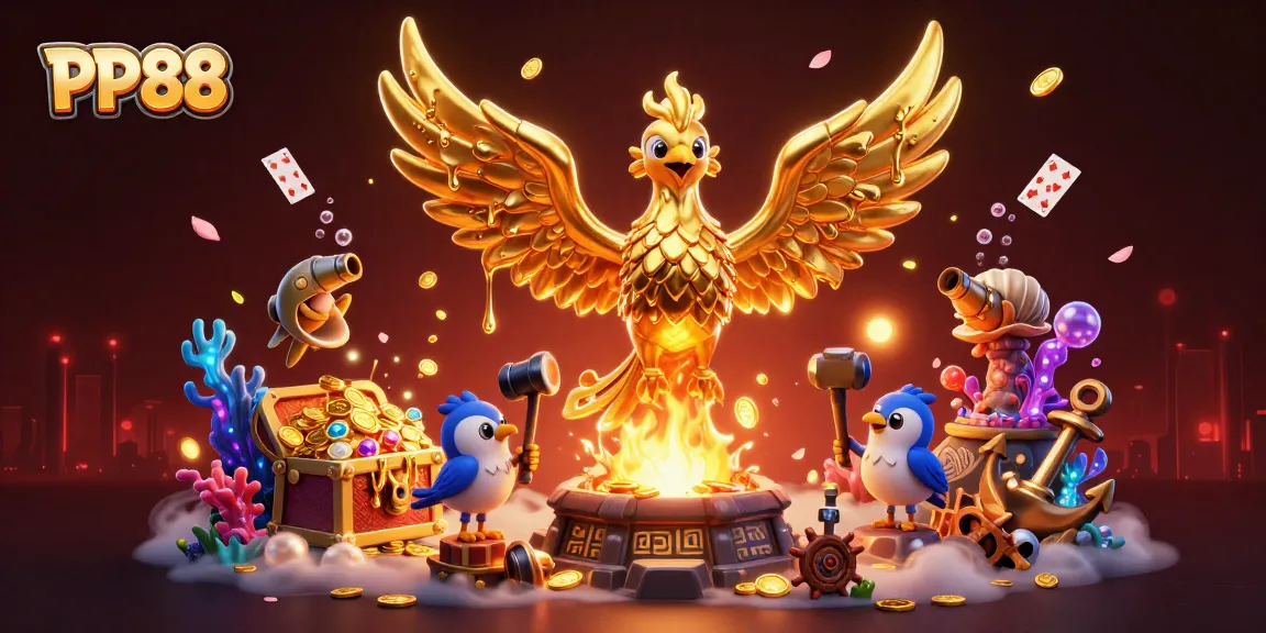 Join the excitement at PP88 with a golden phoenix and vibrant casino elements.