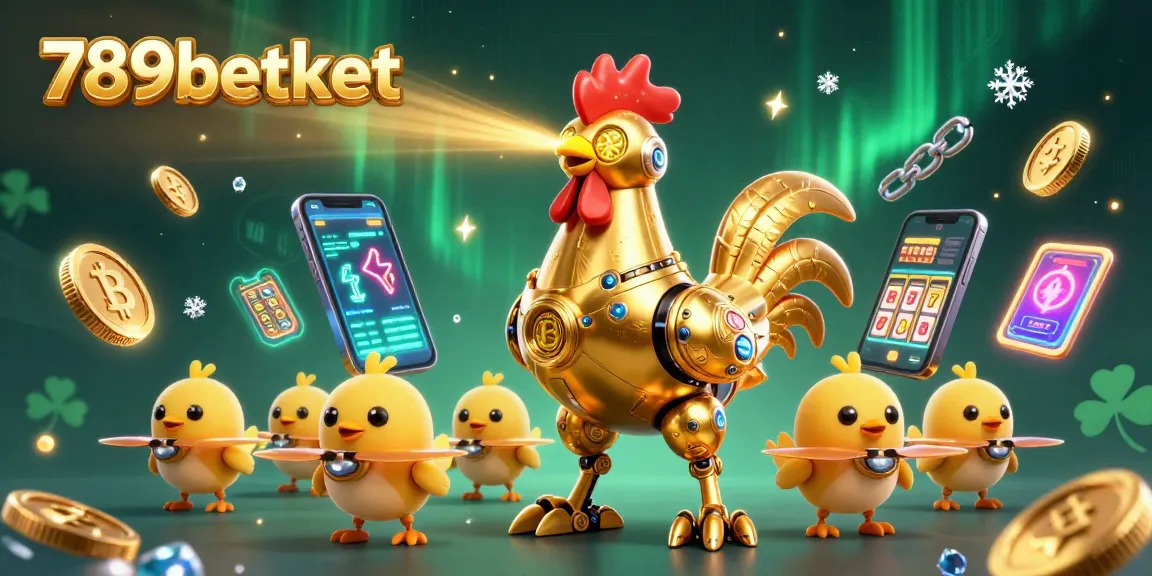 Engage in the vibrant 789betket casino scene with a futuristic rooster and crypto elements.