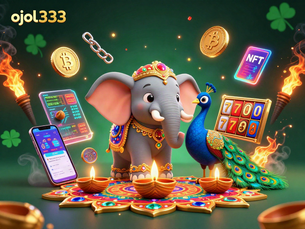 Interact with the ojol333 casino via vibrant slot reels and dazzling crypto coins in a colorful scene.