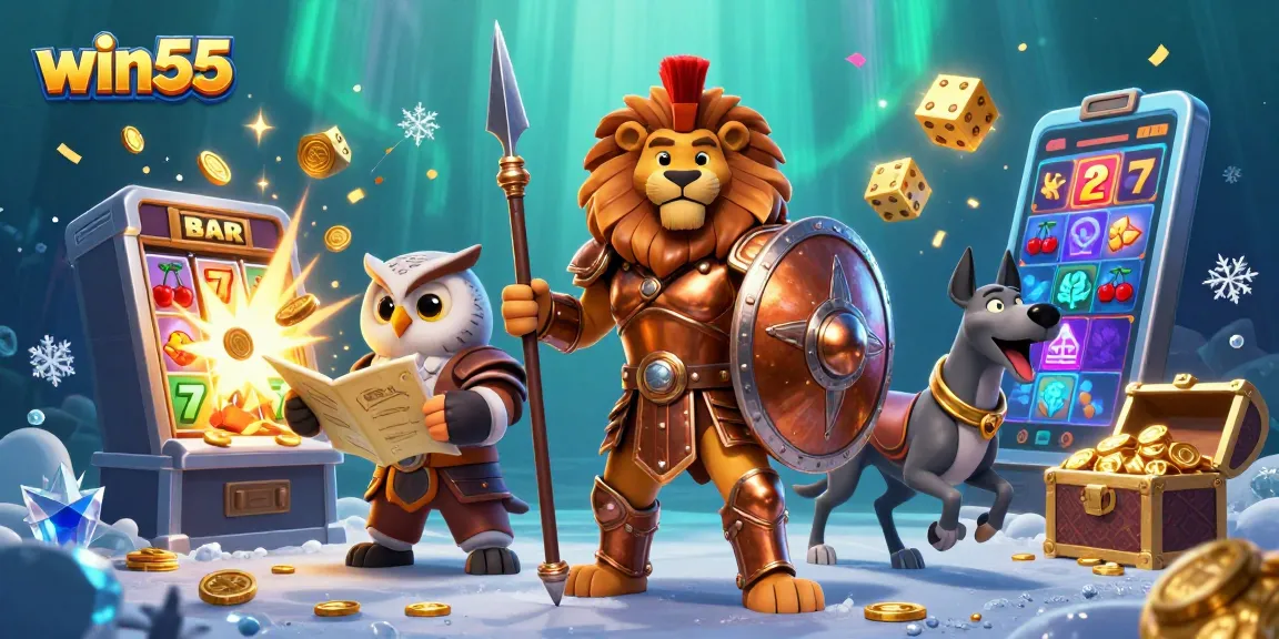 Experience the excitement of win55 with a jackpot scene featuring a lion hero, owl strategist, and greyhound messenger.