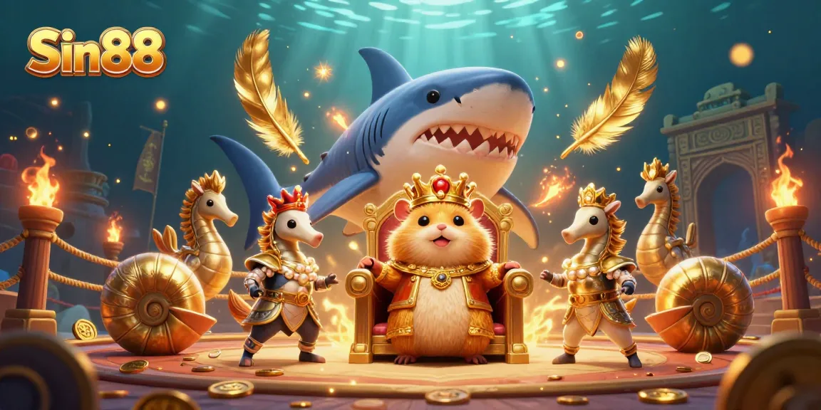 Experience Sin88 with a fierce hamster king commanding a vibrant 3D casino arena in a whimsical underwater setting.