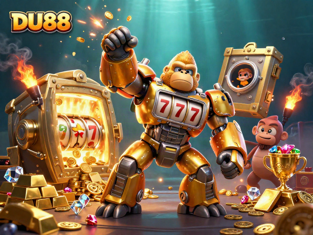 Experience DU88's thrilling slots with a vibrant golden gorilla mech in a rich, dynamic illustration.