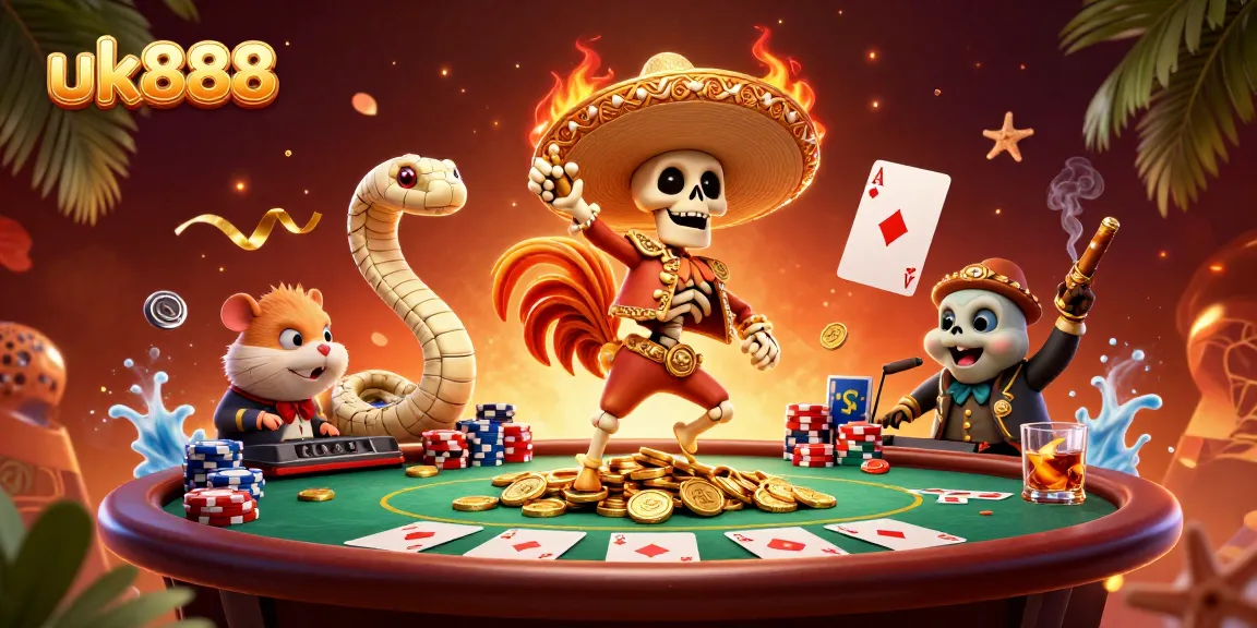 uk888 illuminates with a lively mariachi rooster and poker scene, showcasing vibrant gambling energy.