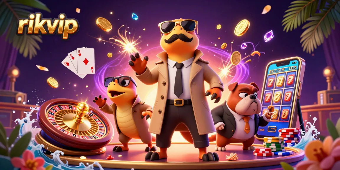 Experience the thrill of rikvip casino with dynamic raptors in a trench coat entering a VIP lounge.