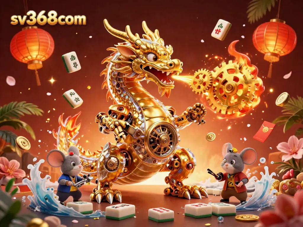 Experience excitement with sv368com's 3D casino scene, showcasing a golden dragon amidst vibrant gaming elements.