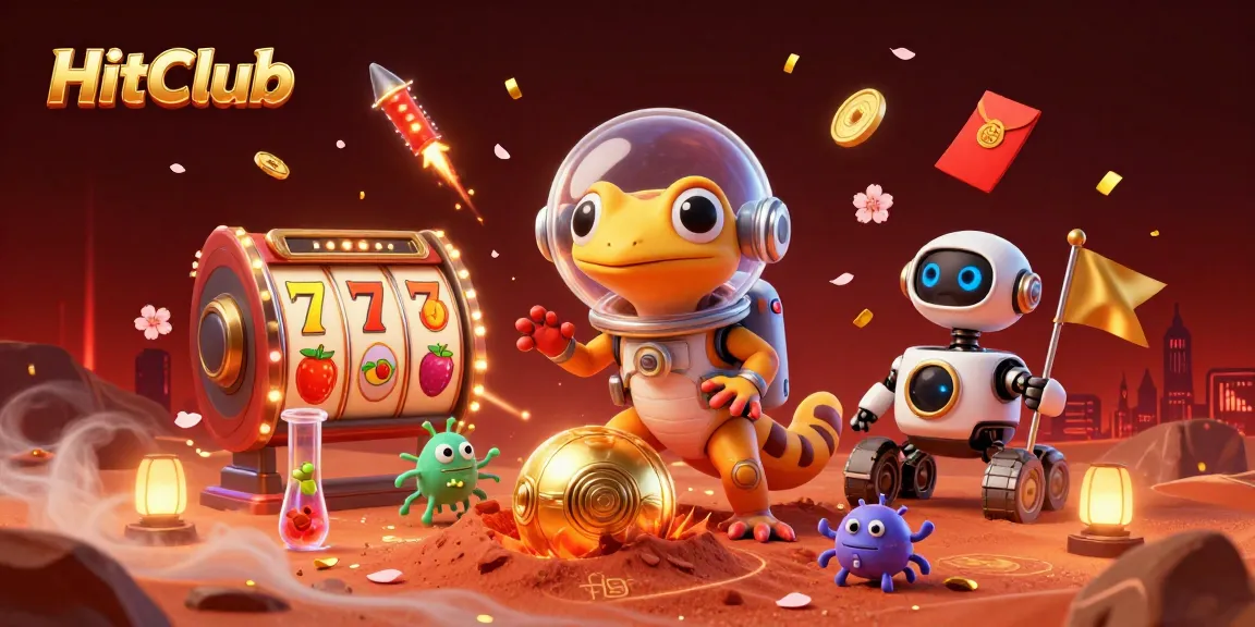 Play slot games at HitClub with vibrant 3D characters exploring a golden casino treasure.
