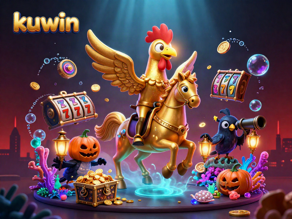 Engage with Kuwin's dynamic casino experience featuring a rooster, glowing treasures, and vibrant games.