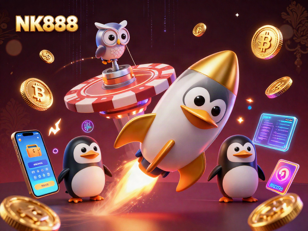 Experience thrilling gameplay with NK888, featuring a rocket penguin and glowing crypto coins in a vibrant casino space setting.