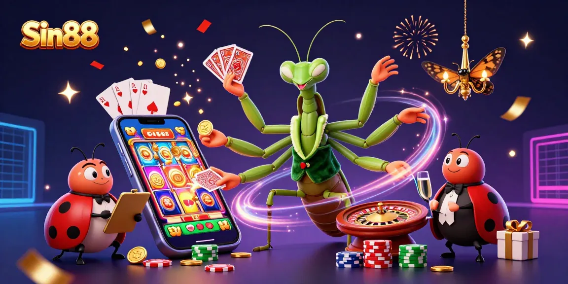 Experience Sin88's vibrant casino world with a dynamic scene featuring a mantis dealer, ladybug pit boss, and exciting gaming elements.