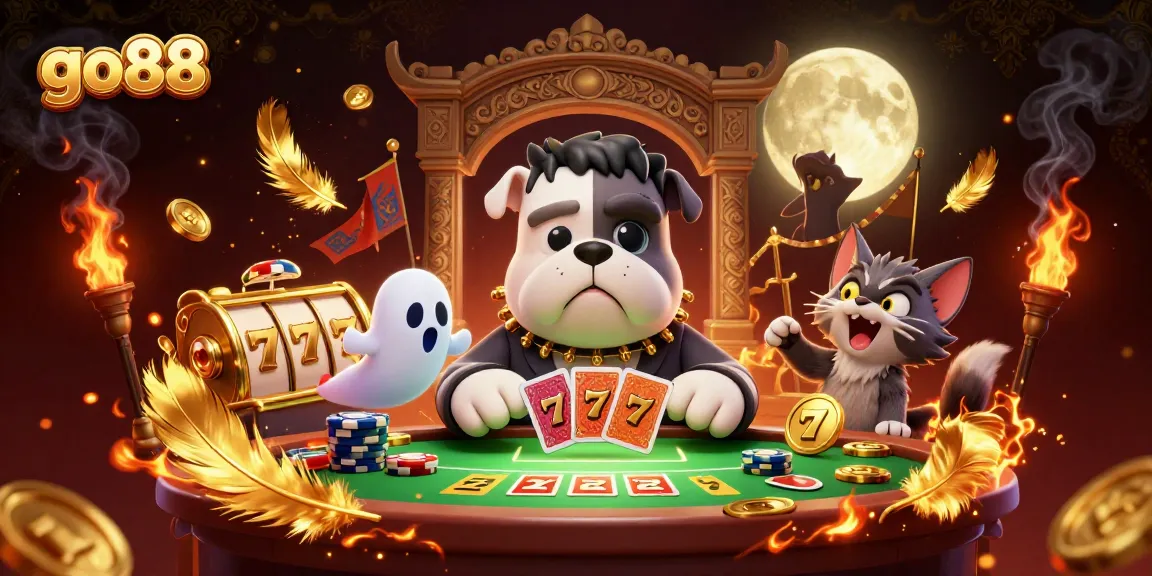 Go88 features a robot bulldog dealer at a spooky casino themed table, creating thrilling gameplay.