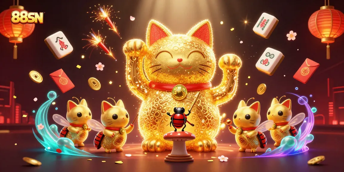 Experience the vibrant online casino world of 88SN with thrilling visuals featuring a waving lucky cat.
