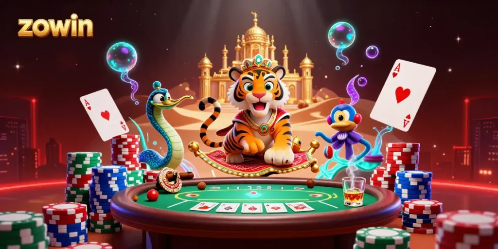 Zowin offers a vibrant casino scene featuring a tiger sultan with poker elements and a magical backdrop.