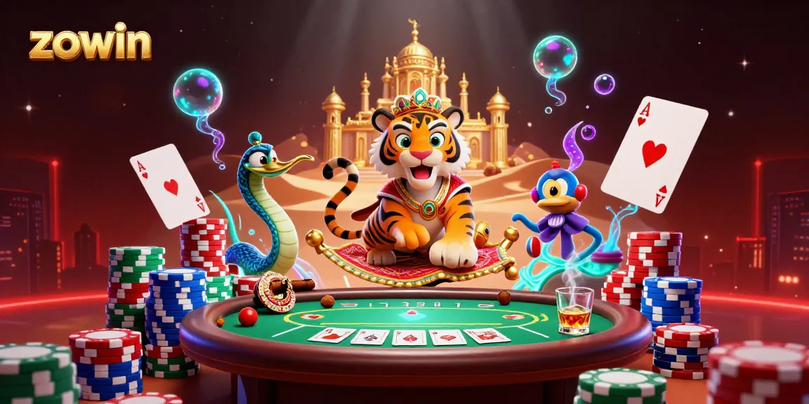 Zowin offers a vibrant casino scene featuring a tiger sultan with poker elements and a magical backdrop.