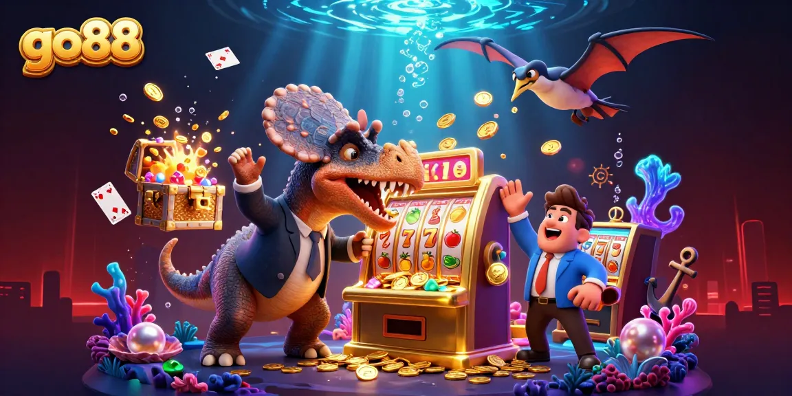 Spin the go88 jackpot as a pachycephalosaurus hits a slot machine for winning coins in a vibrant casino
