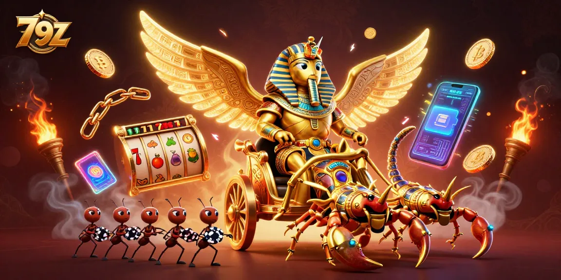 Play exciting games at 79Z with themed illustrations of slot machines and crypto elements.