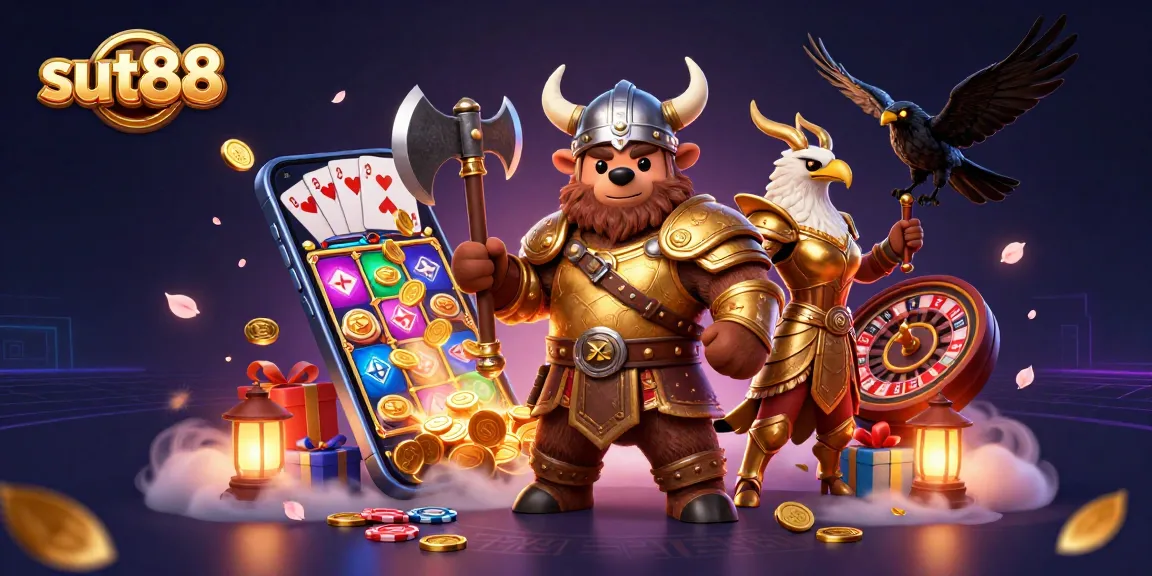 Sut88 brings thrilling online gaming to life with a Viking and Valkyrie in a vibrant 3D casino scene.