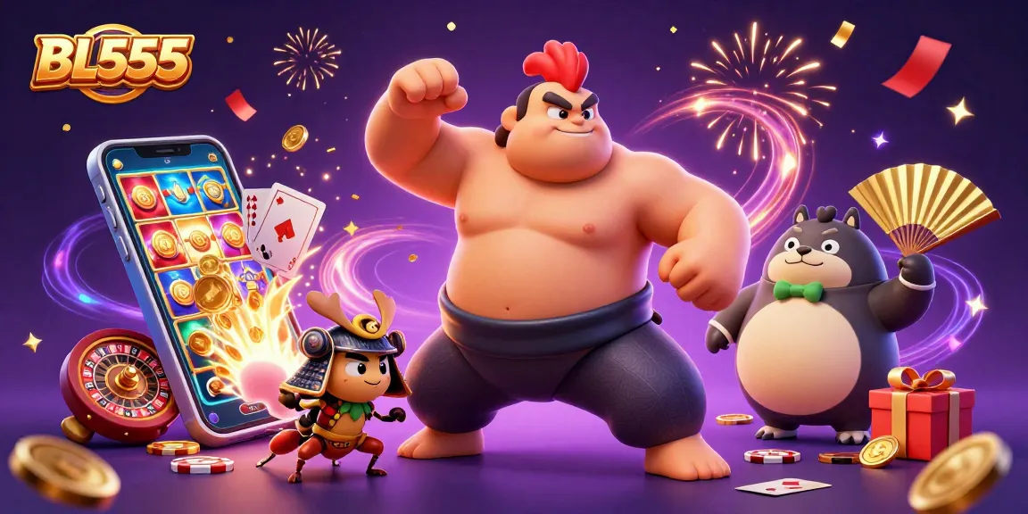 Experience the thrill of BL555 with a dynamic scene featuring vibrant casino elements and characters.
