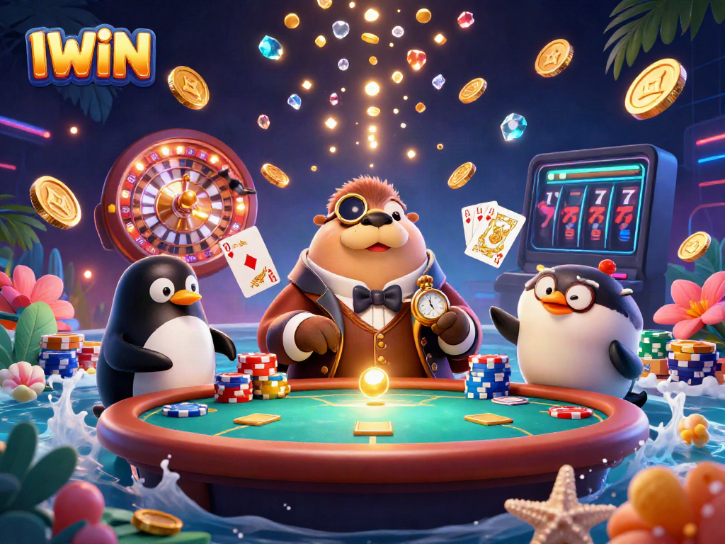 Experience the thrilling world of IWIN with a vibrant underwater casino illustration featuring a walrus and friends.