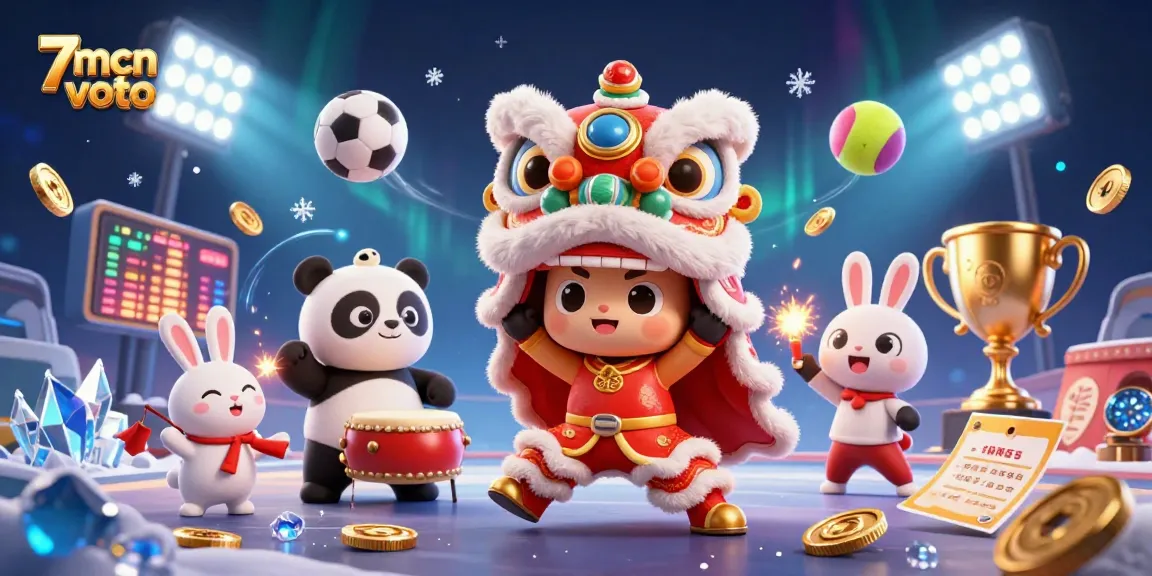 Place bets and cheer with 7mcn voto in a vibrant 3D sports-themed celebration featuring dynamic characters.