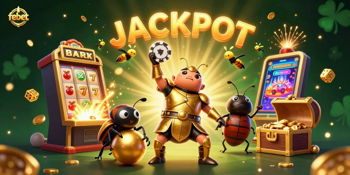 Win big with febet as a hercules beetle celebrates a jackpot in a dynamic casino scene!