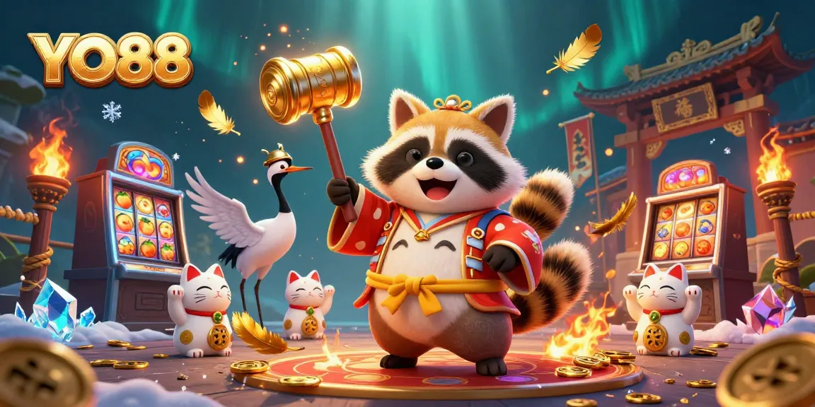 Join the excitement with YO88 at our vibrant casino showcase featuring animated characters and rich gaming elements.
