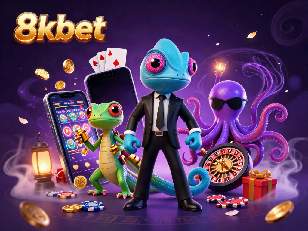 Experience thrilling games with 8kbet, featuring vibrant characters and exciting casino elements.