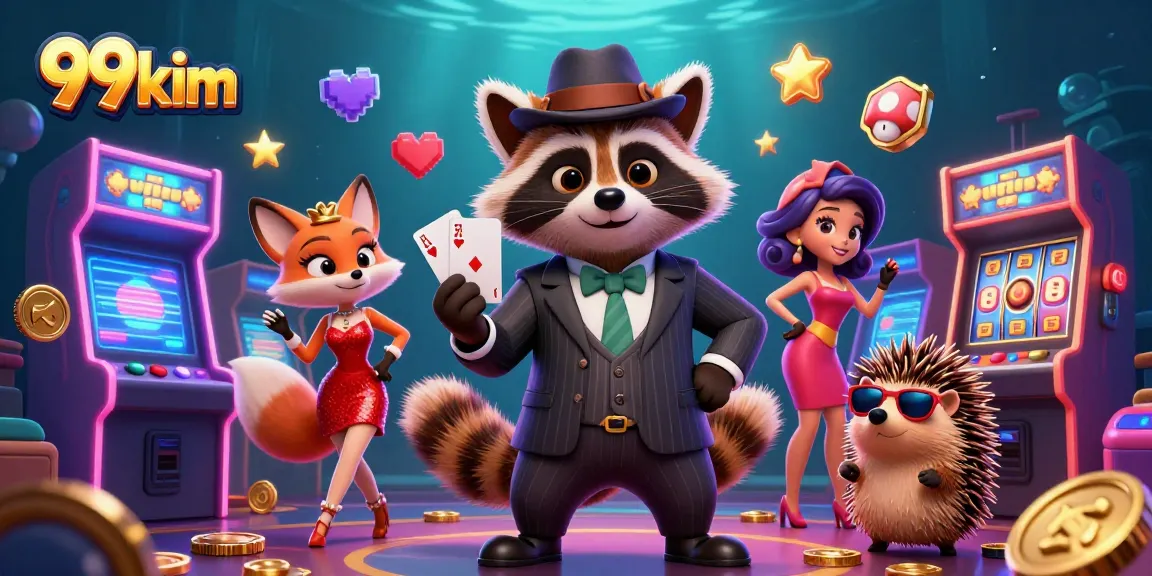 Engaging gameplay at 99kim with a raccoon holding a royal flush amid vibrant casino elements.