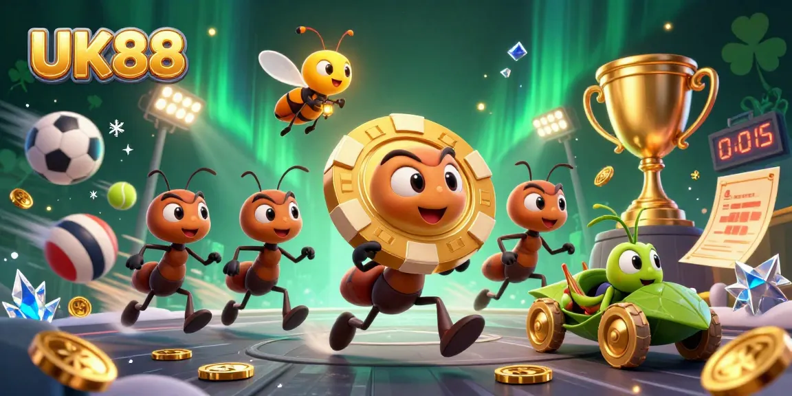 Team of ants on heist with a golden poker chip at UK88 sports betting adventure