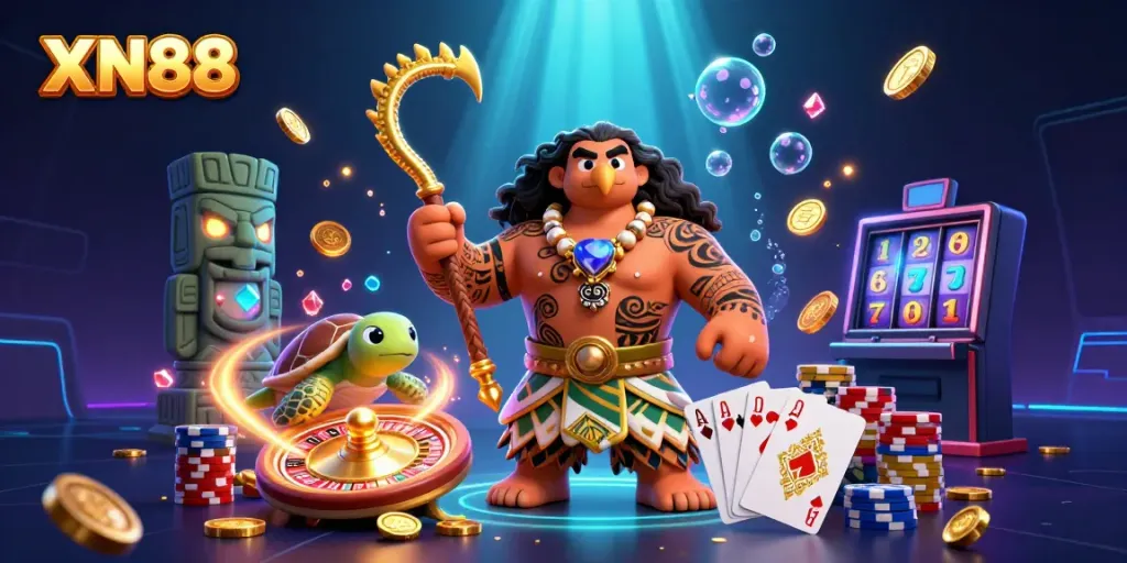 Experience gaming excitement with XN88's vibrant scene featuring casino elements and 3D characters.