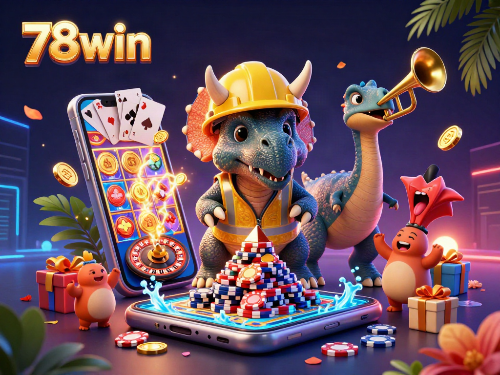 Engage with 78win’s vibrant 3D casino scene featuring exciting gaming elements and playful characters.