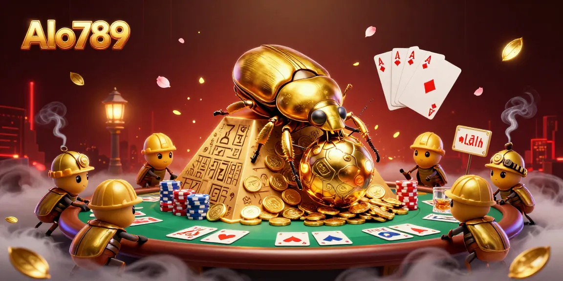 Alo789 showcases a golden beetle rolling coins at a casino, with vibrant gaming elements around