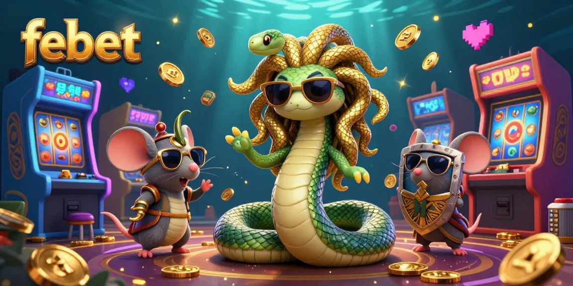 Experience thrilling gameplay at febet with a lively scene featuring Medusa and arcade game elements.