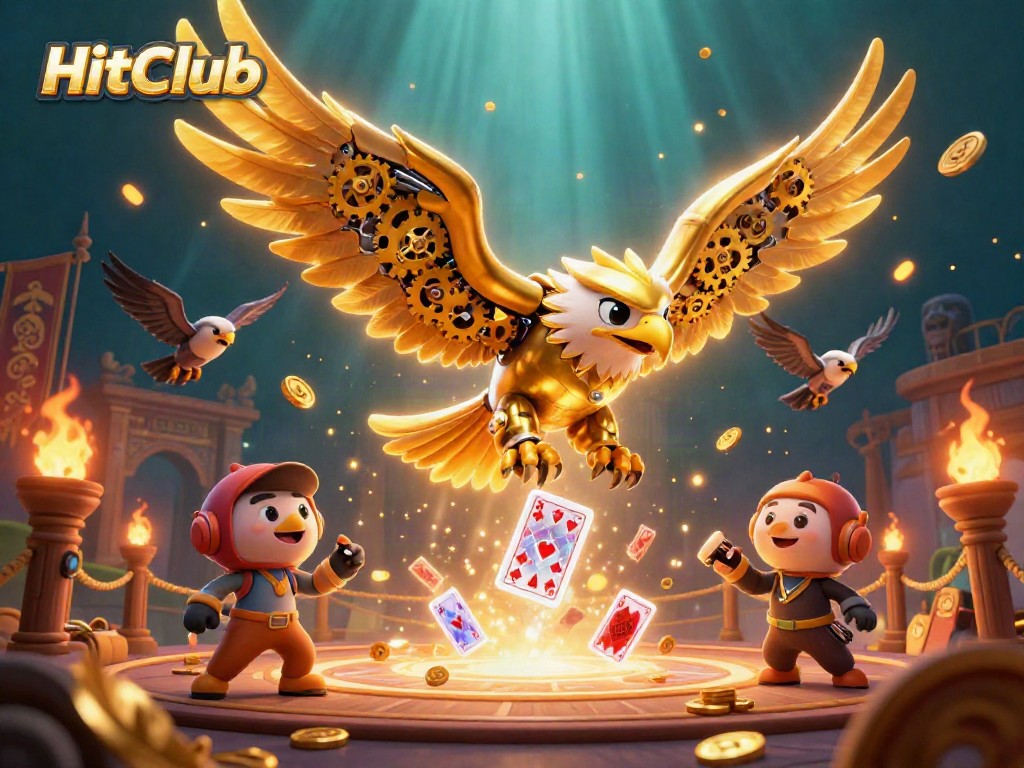 HitClub's vibrant casino scene features a golden eagle soaring through holographic playing cards.