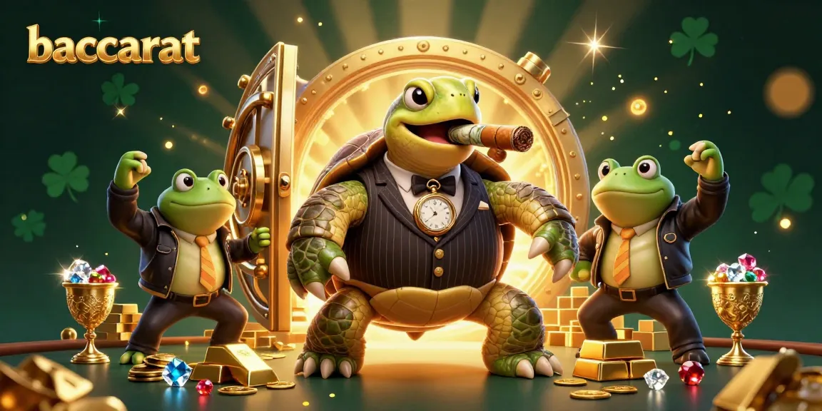 Engage in baccarat with a vibrant scene featuring a mobster turtle and bullfrog enforcers amidst gold treasures.