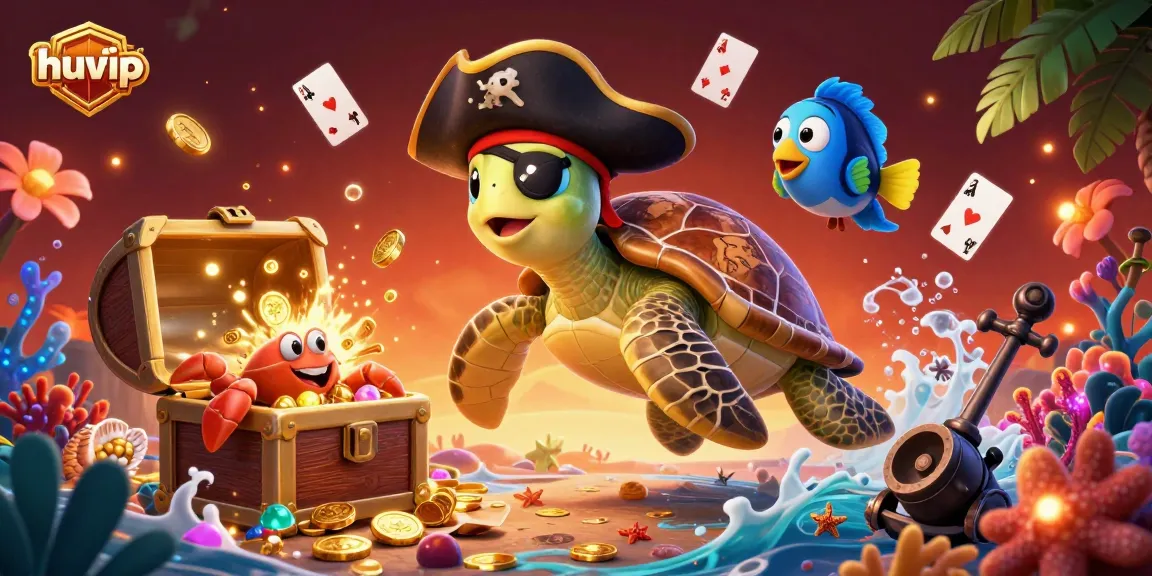Engage with huvip's casino experience as a cartoon turtle and friends swim through treasure in an enchanting underwater scene.