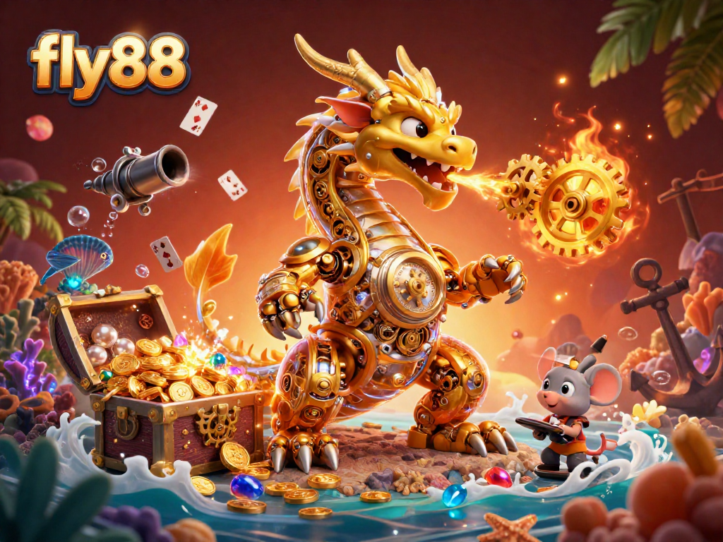 Engage with fly88's immersive gaming experience featuring a vibrant scene of a golden dragon amidst treasures and cards.