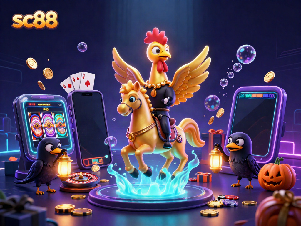 Experience the excitement of sc88 with a golden rooster and friends in a vibrant casino scene.