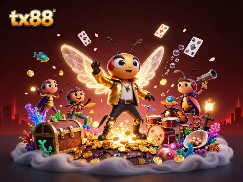 Experience the vibrant excitement of tx88 with a fantasy casino scene featuring a rock star cicada and treasures.