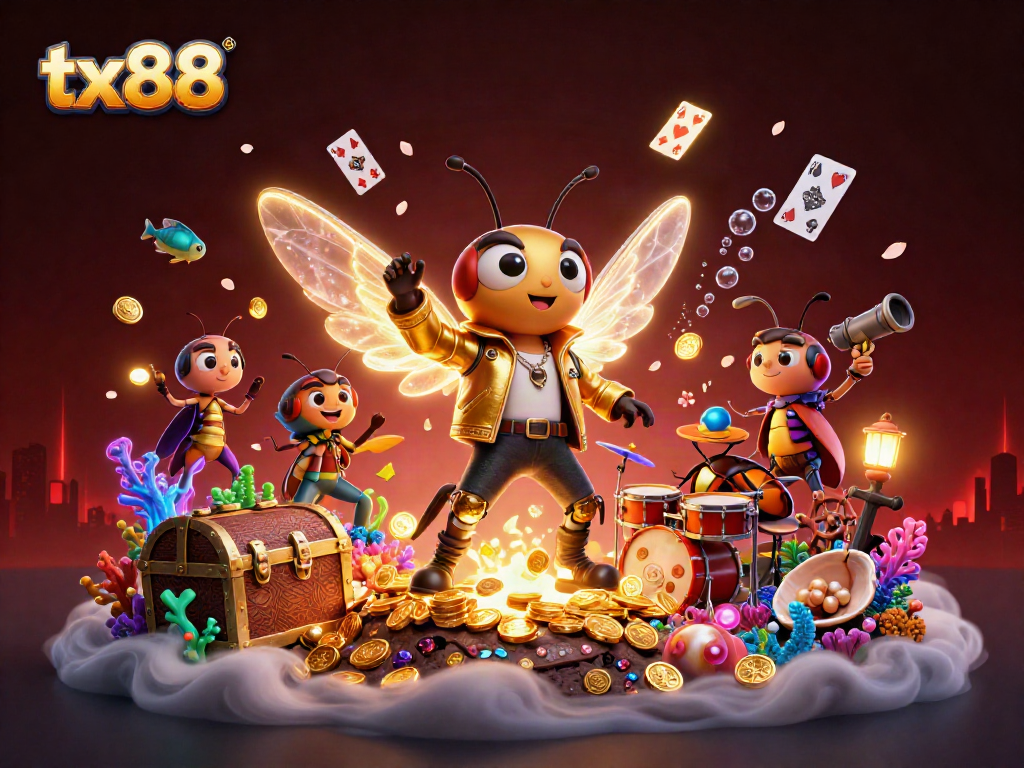 Experience the vibrant excitement of tx88 with a fantasy casino scene featuring a rock star cicada and treasures.
